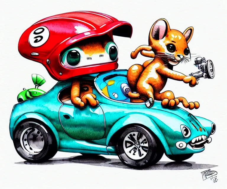 Prompt: cute and funny, baby jaguar wearing a helmet riding in a hot rod with oversized engine, ratfink style by ed roth, centered award winning watercolor pen illustration, isometric illustration by chihiro iwasaki, edited by range murata, tiny details by artgerm and watercolor girl, symmetrically isometrically centered, sharply focused