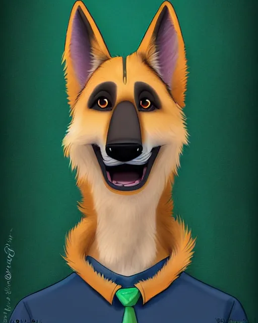 Image similar to digital painting full body of anthropomorphic furry female german shepherd dog, in style of zootopia, female fursona, furry, furaffinity, 4 k, deviantart, furry art, fursona art, wearing a green shirt, dog fursona, female, cute detailed feminine face,