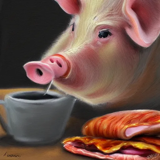 Image similar to a pig eating a rasher of bacon. detailed, realistic, digital painting,