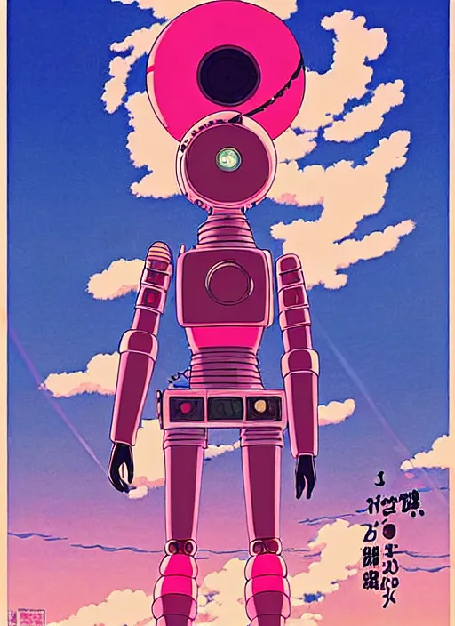 Image similar to a movie poster for a studio Ghibli film based on the song Yoshimi battles the pink robots, part 1. by the band the flaming lips; artwork by Hiyao Miyazaki and studio Ghibli; a Japanese girl is fighting a gigantic evil Pink Robot in an alley in Tokyo; highly detailed artwork by James jean and Phil noto