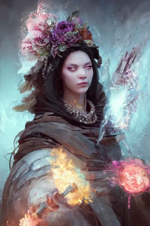 Image similar to beautiful girl necromancer, witch - doctor covered with ice exploding into flowers, angels, 3 d render, hyper - realistic detailed portrait, holding fire and electricity, ruan jia, wlop. scifi, fantasy, magic the gathering, hyper detailed, octane render, concept art, peter mohrbacher