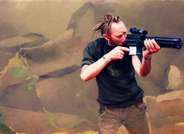 Image similar to a highly detailed beautiful portrait of thom yorke shooting a gun, by gregory manchess, james gurney, james jean