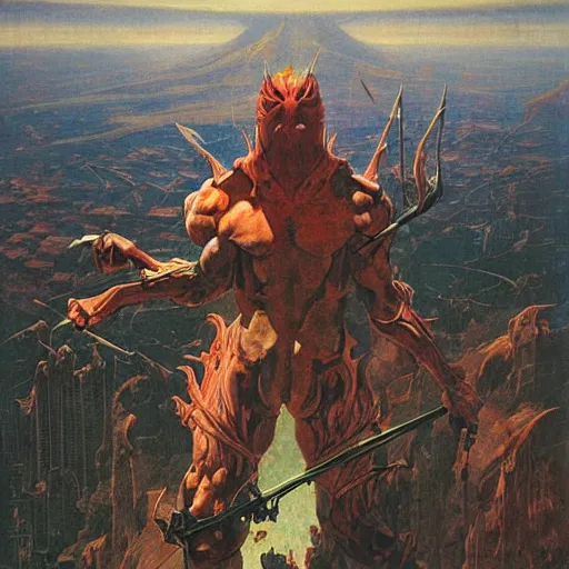 Image similar to portrait of immense, majestic, surreal, terrifying yosh from super smash standing triumphant over the city, perfectly clear face, by j. c. leyendecker, bosch, and beksinski