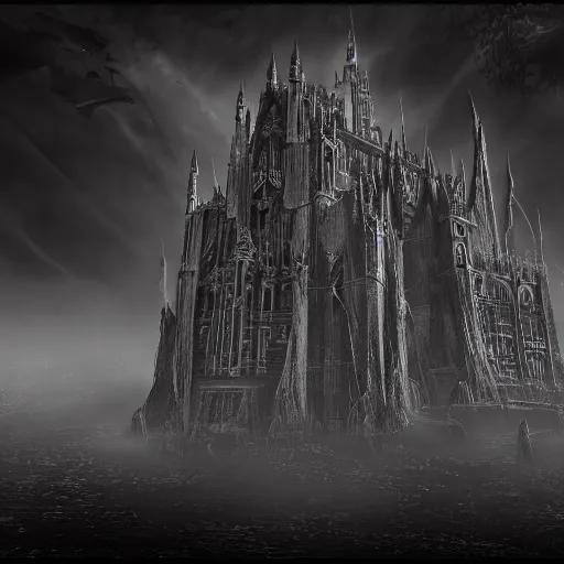 Image similar to an ultra detailed black and white 3 d render of a lonely and impossibly tall ominous gothic dark citadel tower of the evil patriarch, in the style of magic the gathering, in a river elevated high above the city, flintlock fantasy capital city, ultrawide lense, aerial photography, unreal engine, exquisite detail, 8 k, art by greg rutkowski and alphonse mucha