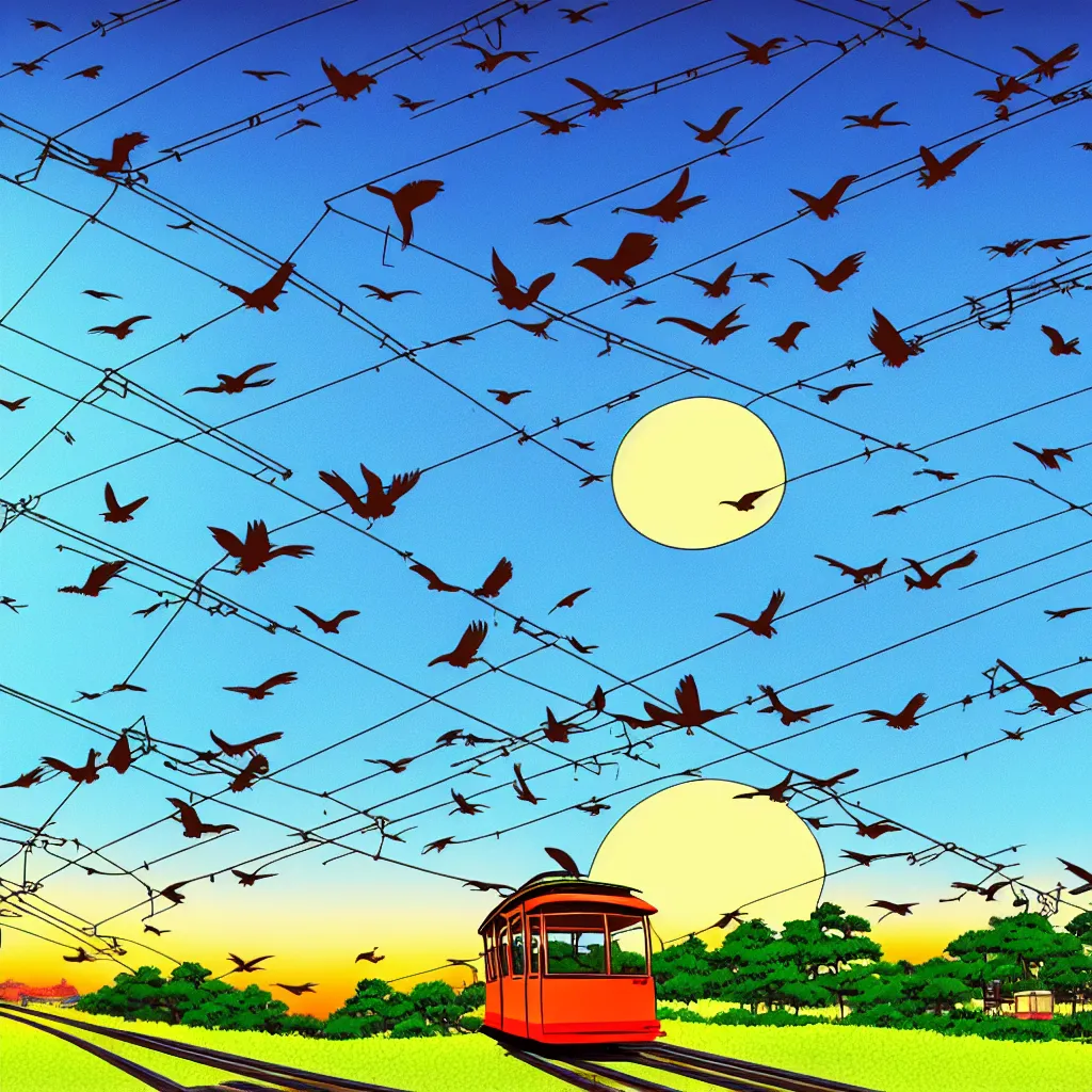 Image similar to japanese countryside landscape, tram, sunset, birds flying in the sky, hand drawn anime style