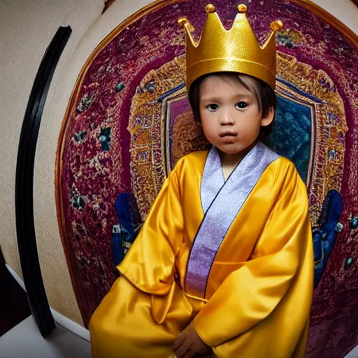 Image similar to tiny King wearing oversized robes and oversized crown stares smugly at camera, high angle, fisheye lens