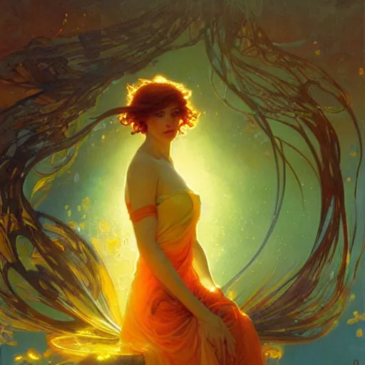 Image similar to sea of glossy liquid honey drops flowing like translucent amber, backlit, sunset, refracted lighting, art by collier, albert aublet, krenz cushart, artem demura, alphonse mucha