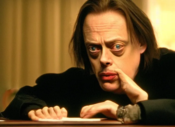 Image similar to steve buscemi in a still from the movie The Room (2003), saying Leave your stupid comments in your pocket!