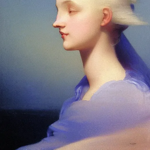 Image similar to young woman's face, her hair is white and she wears a cobalt blue duchesse satin cloak, by ivan aivazovsky and syd mead and moebius and roger dean and aelbert cuyp and willem claesz and pieter claesz and paul delaroche and alma tadema, hyperrealistic, volumetric light, octane