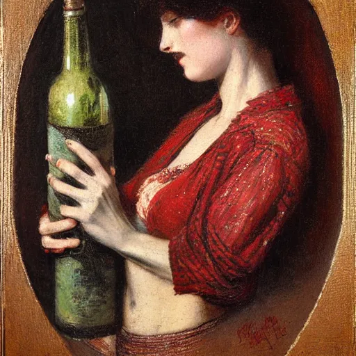 Image similar to intricate, lonely tired young woman man holding wine bottle drunk in the street, detailed, by gaston bussiere, h. r. giger, masterpiece, sharp focus,