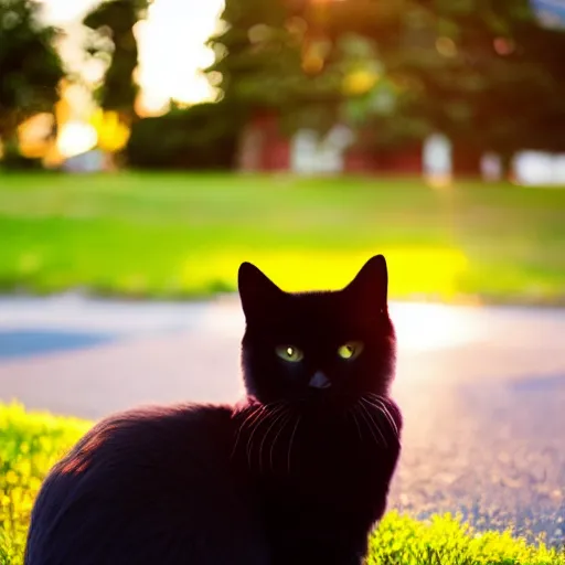 Prompt: a fluffy cute black cat sitting on the corner of a front yard outside in the late afternoon on a beautiful summer day, sunset