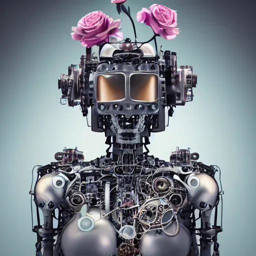 Prompt: a beautiful intricate fine art portrait photo of a a mechanical industrial steampunk cybernetic robot in milk bathtub, by tom bagshaw and zach sutton, roses floating on the milk, perfection!, milk bath photography, studio lighting, 35mm lens, very detailed, bionic, cybernetic scifi, deep depth of field, artstation, 8K, highly coherent