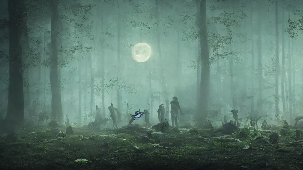 Prompt: Human corpses floating in the air in a forest, in the night to a light of the moon, 8K, concept art, filmic, HDR, highly detailed, cinematic lighting, artstation, volumetric light, octane render, redshift render, camera close up, rich deep moody colors, ultra realistic