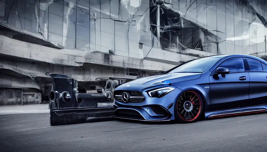 Image similar to a car and driver magazine photo shot, a dark blue 2021 Mercedes cla 45 AMG heavily modified and customized as a performance tune street racing SUV, black rims, samurai vinyl wrap, cinematic lighting, art station, volumetric light, low angle camera, redshift render, octane render, art station