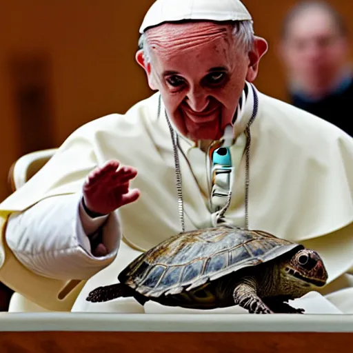 Prompt: the pope playing with his new pet turtle, photography, 8k hd resolution