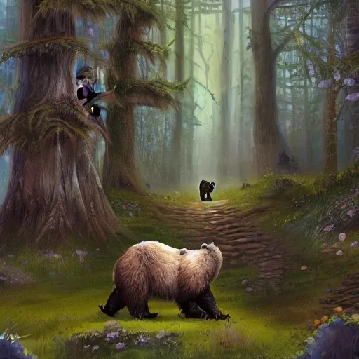 Image similar to a beautiful painting of a druid bear with moon markings walking through a mystic forest, world of warcraft concept art