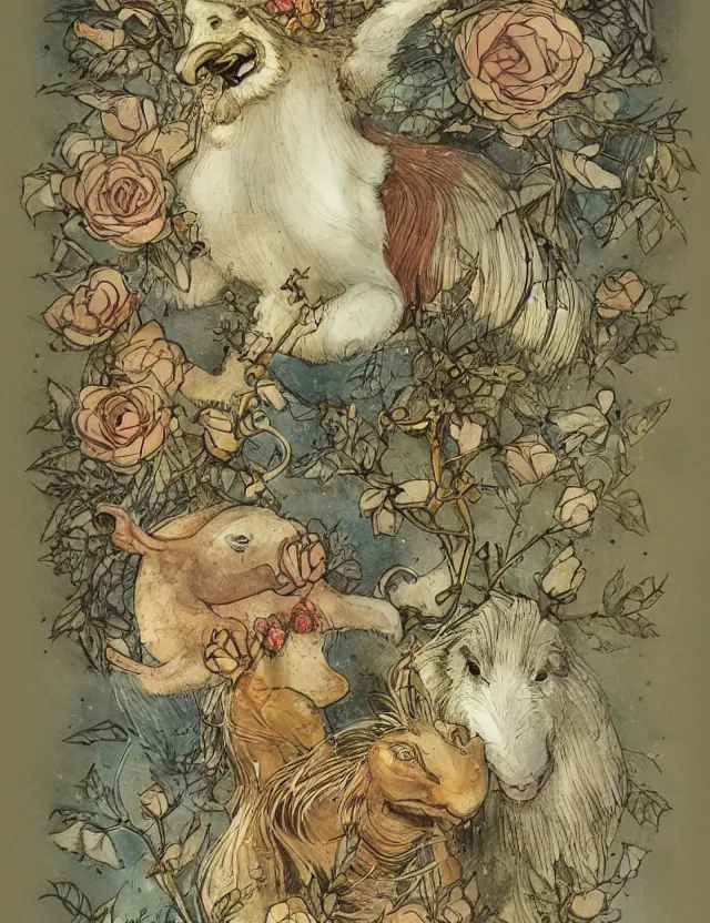 Image similar to animal god of roses and snow. this ink wash and goldleaf work by the beloved children's book illustrator has interesting color contrasts, plenty of details and impeccable lighting.