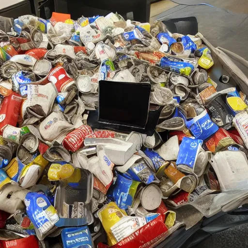 Image similar to a computer desk with screen mouse and keyboard covered and piled with discarded food and crushed soda cans and used chocolate wrappers