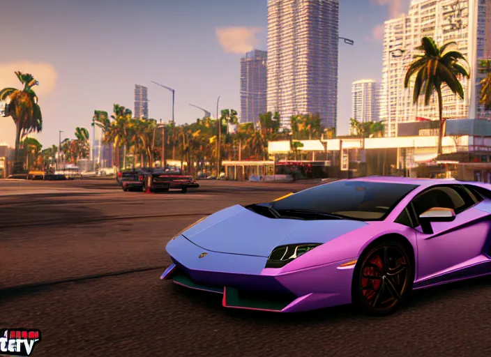 Image similar to still next - gen ps 5 game grand theft auto 6 2 0 2 4 remaster, graphics mods, rain, red sunset, people, rtx reflections, gta vi, miami, palms and miami buildings, photorealistic screenshot, unreal engine, 4 k, 5 0 mm bokeh, close - up lamborghini aventador, gta vice city remastered, artstation