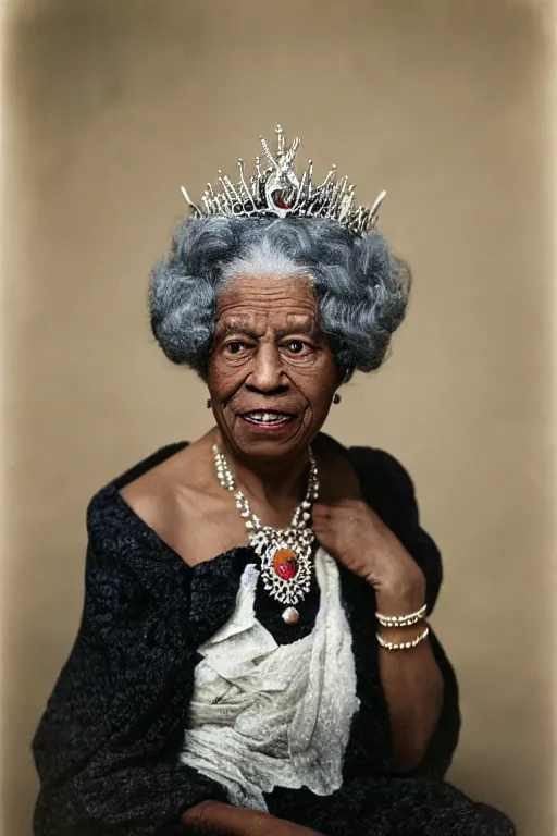 Prompt: a colour photograph of an elderly black lady with grey curly hair, wearing a crown and clothing of Queen Elizabeth the second, 50mm lens, portrait photography, taken by Robert Capa, studio lighting