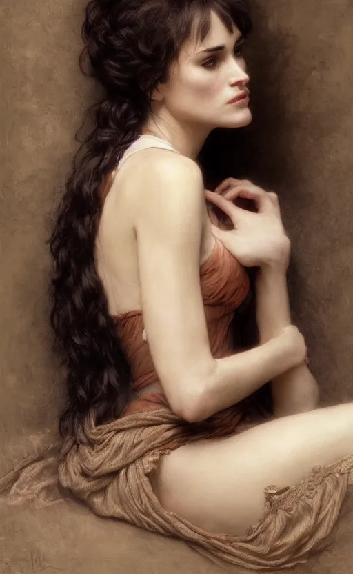 Prompt: winona ryder in repose, kiera knightly in repose, traditional corsican, intricate, highly detailed, intimate, artstation, illustration, jurgens, rutkowski, bouguereau