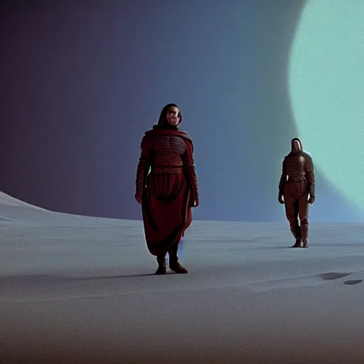 Prompt: colour aesthetic highly detailed photography scene from dune ( 2 0 2 1 ) by denis villeneuve and gregory crewdson style with ultra hyperrealistic highly detailed faces. many details by andrei tarkovsky and caravaggio in sci - fi style. volumetric natural light hyperrealism