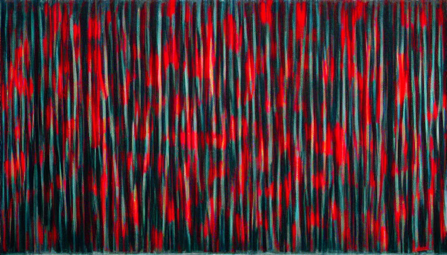 Prompt: jon hale painting of twin peaks black lodge, red curtains ominious, lynchian, visible textures, blurry