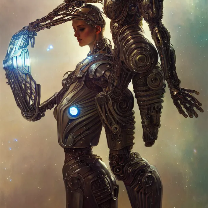 Image similar to organic cyborg with armor made of starlight, diffuse lighting, fantasy, intricate, elegant, highly detailed, lifelike, photorealistic, digital painting, artstation, illustration, concept art, smooth, sharp focus, art by john collier and albert aublet and krenz cushart and artem demura and alphonse mucha