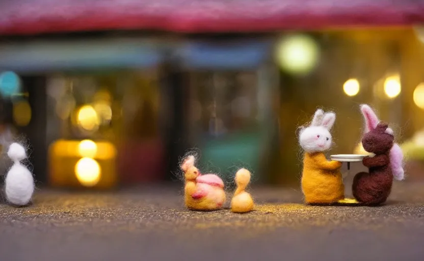 Image similar to miniature cafe diorama macro photography, cafe with felted bunnies on a date, alleyway, ambient, atmospheric, british, cozy, bokeh, romantic, colorful lanterns