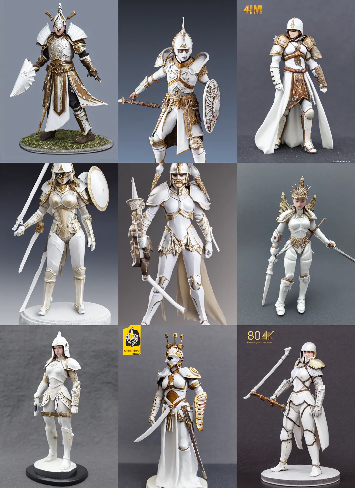 Prompt: 80mm resin detailed miniature of a Queen of war, white armor, iron mask and helmet, Very long white cloak, Very muscular, abdomen, olive skin, on textured base; Miniature product Introduction Photos, Company Logo, 4K, Full body; Front view