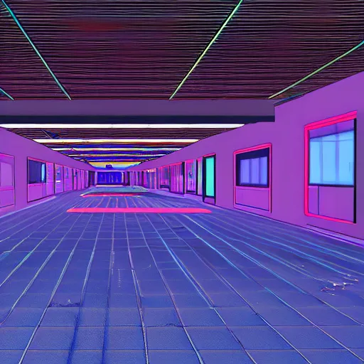 Prompt: abandoned mall with neon lights from a ps 1 game, low poly graphics