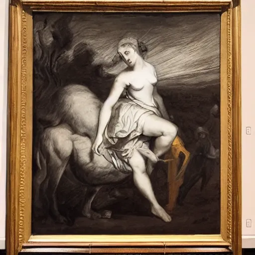 Image similar to unified by joshua reynolds, by willem de kooning depth of field, flash photography. a beautiful drawing of a woman with long flowing hair, wild animals, & a dark, starry night sky.