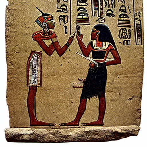 Prompt: a fragment of ancient egyptian hierographic panel of people using a computer, using a computer in ancient egypti art style, of folks using a computer