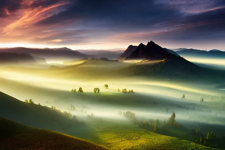 Image similar to landscape photography of romania by marc adamus, morning, mist, rays of light, beautiful