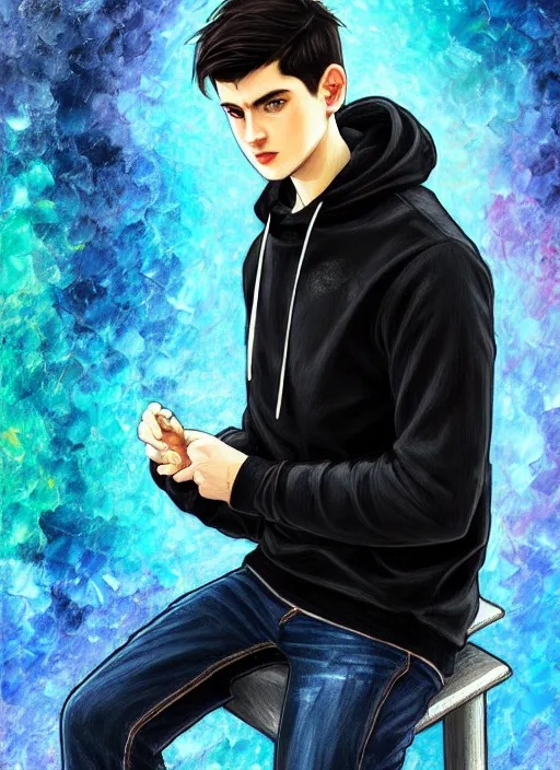 Image similar to handsome young man with short black hair, light blue eyes, pale skin, black hoodie, jeans, half body shot, path traced, highly detailed, high quality, digital painting, alena aenami, leonid afremov, lilia alvarado, shinji aramaki, karol bak, alphonse mucha, tom bagshaw