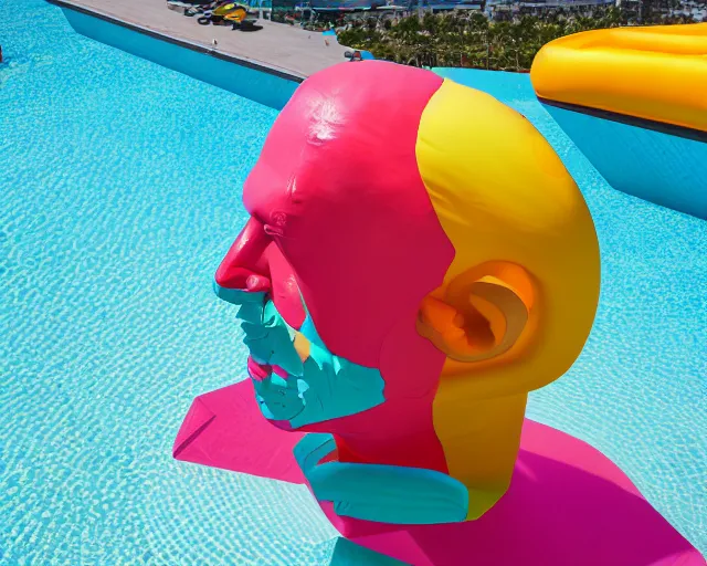 Image similar to a giant abstract sculpture made out of inflatable pool toys in a human head shape, on the surface of the ocean, in the style of chad knight, funny sculpture, long shot, hyper detailed, hyper realistic, ray tracing, 8 k resolution, sharp focus, realistic water, award winning sculpture