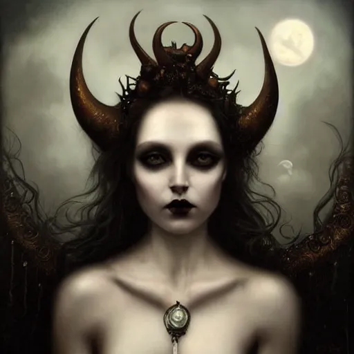 Image similar to By Tom Bagshaw, ultra realist soft painting portrait of zynoid curiosities carnival by night, very beautiful horned single dollpunk gothic fully dressed fading, symmetry accurate features, very intricate details, ominous sky, black and white, volumetric light clouds