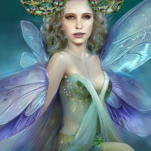 Prompt: detailed portrait of a fairy queen with wings wearing a silk robe, crown, pixie, iris, realism, emerald, galaxy, sapphire, blonde hair going down to touch the floor, moonlit, wearing a bejeweled mask, dark fantasy, dramatic lighting, dreamlike, cgsociety, artstation