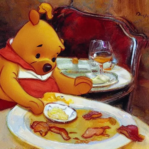 Image similar to close up of winnie the pooh with a plate of sausage and bacon and ham hock, cinematographic shot, by daniel f. gerhartz