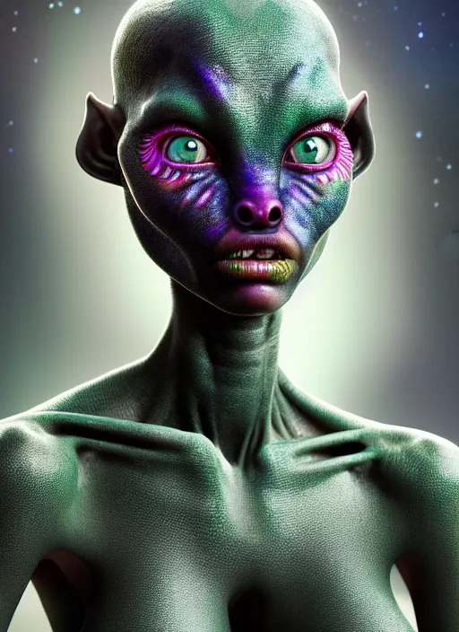 Prompt: a photorealistic portrait, stunningly beautiful hyper detailed avatar alien girl, green skin, mysterious black eyes, professionally retouched, soft lighting, hyper realistic, small nose, pretty mouth, black hair, beautifully detailed colorful starry sky, wide angle, sharp focus, 8 k high definition, 6 4 megapixels, insanely detailed, stunningly beautiful