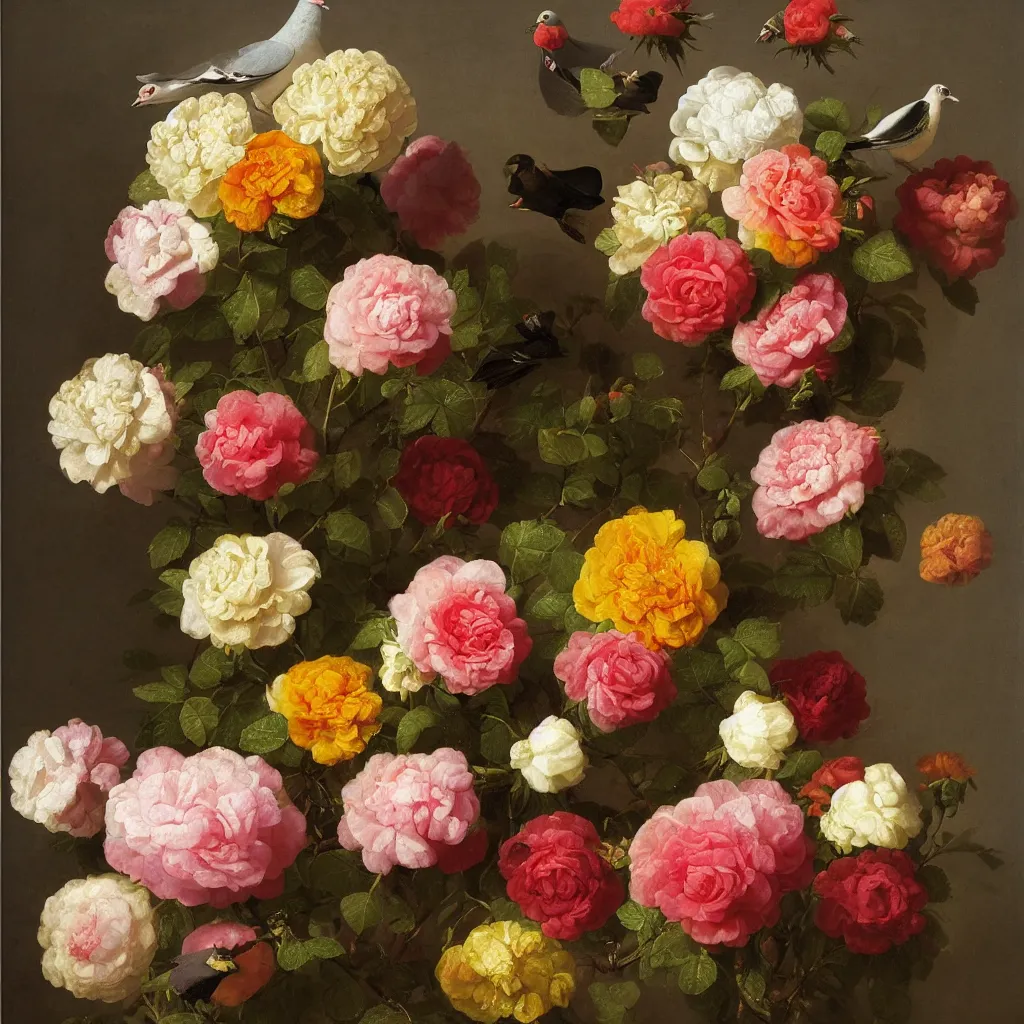 Prompt: a nosegay of roses, marigolds and a pigeon, by Rachel Ruysch, 1695