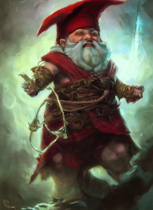 Prompt: wondrous gnome wizard painted by raymond swanland