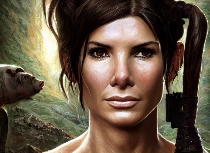 Image similar to face portrait of concentrated young Sandra Bullock as Lara Croft with pig-tails entering an incredible epic ruin, glorious sun beams, intricate, elegant, highly detailed, digital painting, short focus, illustration, Allan Lee, John Howe