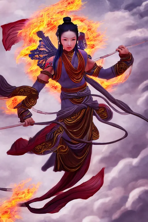 Image similar to nezha flies around swiftly on his wind flame circles in ruin chinese city, masterpiece, chinese mythology, top view, cinematic, fantasy character portrait, highly detailed, by new gods : nezha reborn, nezha : birth of the demon child, ne zha from smite, trending on artstation, concept art, flame everywhere,