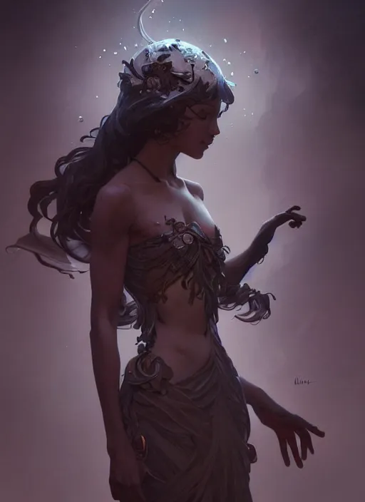 Image similar to a cute shadow elemental, with fingers, fantasy, intricate, elegant, highly detailed, digital painting, artstation, concept art, wallpaper, smooth, sharp focus, illustration, art by artgerm and greg rutkowski and alphonse mucha