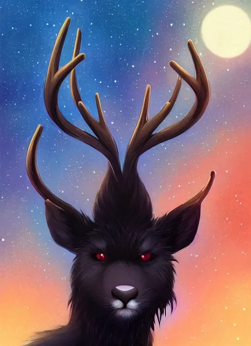 Image similar to award winning beautiful portrait commission of a male furry anthro Black Reindeer fursona with a tail, wings and a cute beautiful attractive detailed furry face wearing stylish black and orange galaxy clothes in a outerspace city at night while it rains. Character design by charlie bowater, ross tran, artgerm, and makoto shinkai, detailed, inked, western comic book art