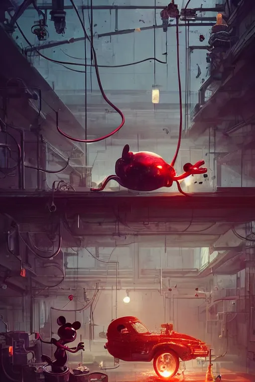 Image similar to mechanics fixing bloody mickey mouse head, mechanic facility, made by beeple, cgsociety, artgerm, greg rutkowski, highly detailed intricate 4 k art, low light cinematic, octane render, unreal engine,