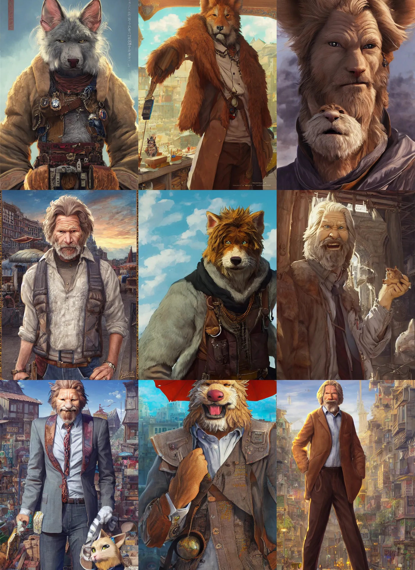 Prompt: full body character anthro fursona portrait of jeff bridges with gorgeous detailed eyes in the marketplace in the sky, color page, tankoban, 4 k, tone mapping, doll, akihiko yoshida, james jean andrei riabovitchev marc simonetti, yoshitaka amano, h. hydrochaeris