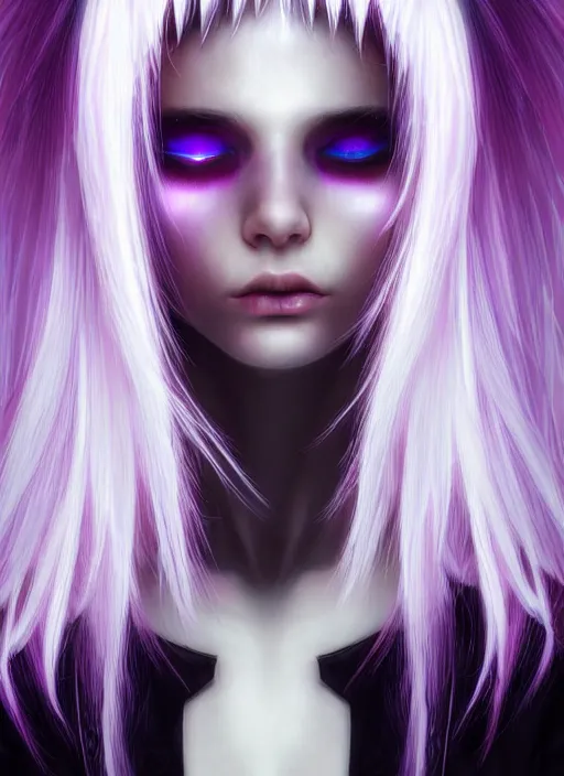 Image similar to hair whitebangs hair, black cyberlox, portrait of teenage girl with white bangs, whitebangsblackhair, messy bangs, cyberlox, whitebangs, red irises, purple clothes, intricate, elegant, glowing lights, highly detailed, digital painting, artstation, concept art, sharp focus, illustration, art by wlop, mars ravelo and greg rutkowski