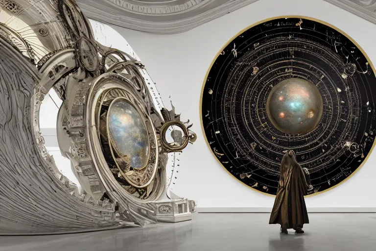 Prompt: establishing wide view shot of stunning intriguing polished marble steampunk sculpture, a person looking at a huge orrery of a solar system in a large open gallery, photorealistic, ultrarealistic, octane render, by gustave dore, by h. r. giger, by alphonse mucha * in white gallery space.